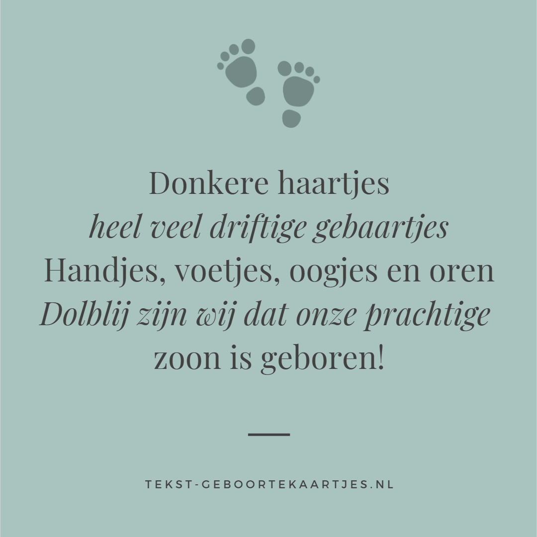 Donkere haartjes, heel veel driftige gebaartjes, Handjes, voetjes, oogjes en oren, Dolblij zijn wij dat onze prachtige zoon is geboren! #geboortetekst #geboortekaartje